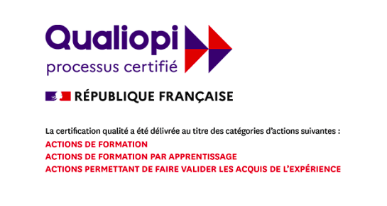 Certifié Qualiopi — processus certifié : actions de formation, formation par apprentissage et VAE. Organisme certificateur : AFNOR Certification.