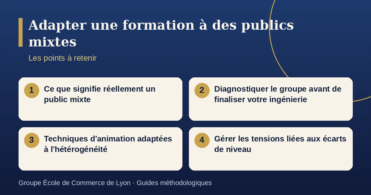 Schéma récapitulatif : Adapter une formation à des publics mixtes. Points à retenir : Ce que signifie réellement un public mixte ; Diagnostiquer le groupe avant de finaliser votre ingénierie ; Techniques d'animation adaptées à l'hétérogénéité ; Gérer les tensions liées aux écarts de niveau.