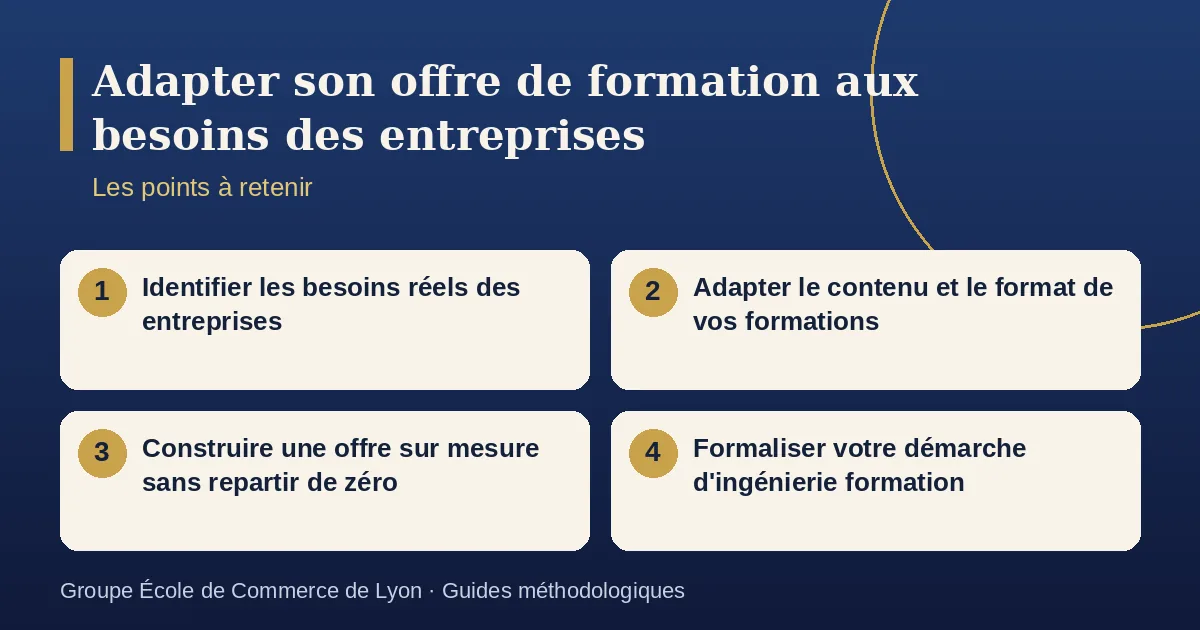 Schéma récapitulatif : Adapter son offre de formation aux besoins des entreprises. Points à retenir : Identifier les besoins réels des entreprises ; Adapter le contenu et le format de vos formations ; Construire une offre sur mesure sans repartir de zéro ; Formaliser votre démarche d'ingénierie formation.