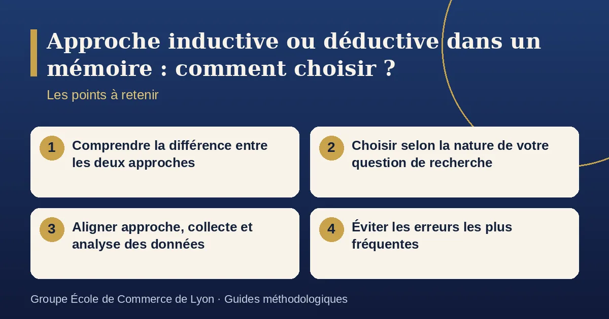 Schéma récapitulatif : Approche inductive ou déductive dans un mémoire : comment choisir ?. Points à retenir : Comprendre la différence entre les deux approches ; Choisir selon la nature de votre question de recherche ; Aligner approche, collecte et analyse des données ; Éviter les erreurs les plus fréquentes.