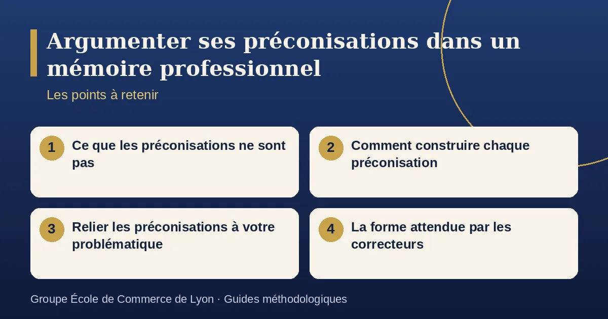 Schéma récapitulatif : Argumenter ses préconisations dans un mémoire professionnel. Points à retenir : Ce que les préconisations ne sont pas ; Comment construire chaque préconisation ; Relier les préconisations à votre problématique ; La forme attendue par les correcteurs.