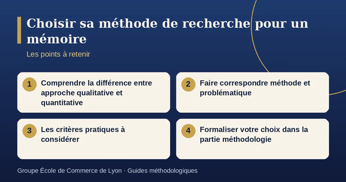 Schéma récapitulatif : Choisir sa méthode de recherche pour un mémoire. Points à retenir : Comprendre la différence entre approche qualitative et quantitative ; Faire correspondre méthode et problématique ; Les critères pratiques à considérer ; Formaliser votre choix dans la partie méthodologie.