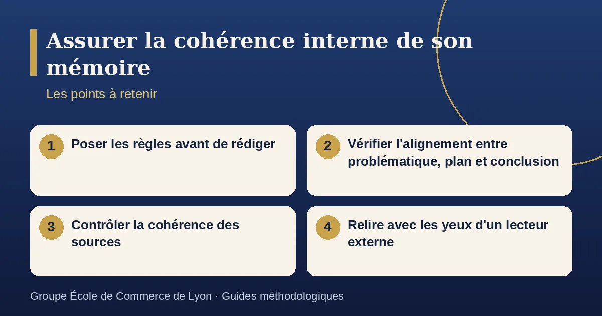 Schéma récapitulatif : Assurer la cohérence interne de son mémoire. Points à retenir : Poser les règles avant de rédiger ; Vérifier l'alignement entre problématique, plan et conclusion ; Contrôler la cohérence des sources ; Relire avec les yeux d'un lecteur externe.