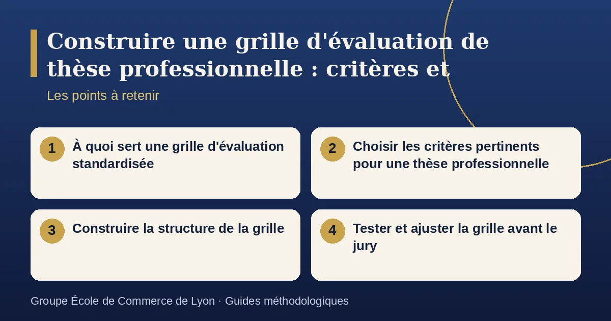 Schéma récapitulatif : Construire une grille d'évaluation de thèse professionnelle : critères et méthode. Points à retenir : À quoi sert une grille d'évaluation standardisée ; Choisir les critères pertinents pour une thèse professionnelle ; Construire la structure de la grille ; Tester et ajuster la grille avant le jury.