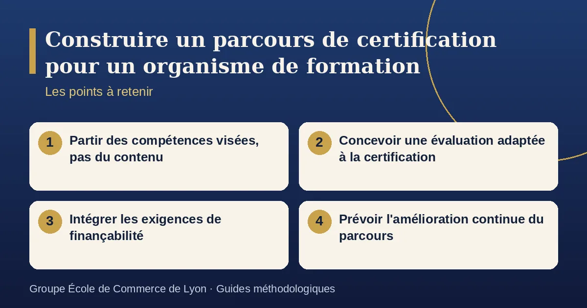 Schéma récapitulatif : Construire un parcours de certification pour un organisme de formation. Points à retenir : Partir des compétences visées, pas du contenu ; Concevoir une évaluation adaptée à la certification ; Intégrer les exigences de finançabilité ; Prévoir l'amélioration continue du parcours.