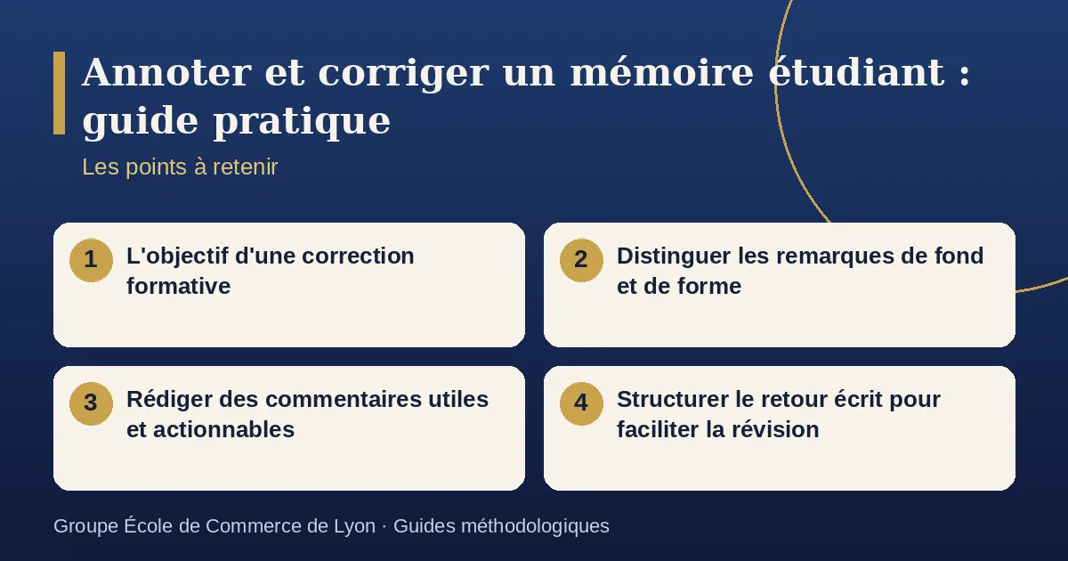 Schéma récapitulatif : Annoter et corriger un mémoire étudiant : guide pratique. Points à retenir : L'objectif d'une correction formative ; Distinguer les remarques de fond et de forme ; Rédiger des commentaires utiles et actionnables ; Structurer le retour écrit pour faciliter la révision.