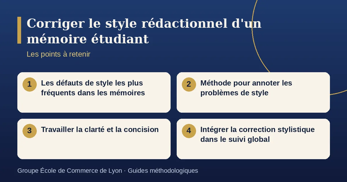 Schéma récapitulatif : Corriger le style rédactionnel d'un mémoire étudiant. Points à retenir : Les défauts de style les plus fréquents dans les mémoires ; Méthode pour annoter les problèmes de style ; Travailler la clarté et la concision ; Intégrer la correction stylistique dans le suivi global.