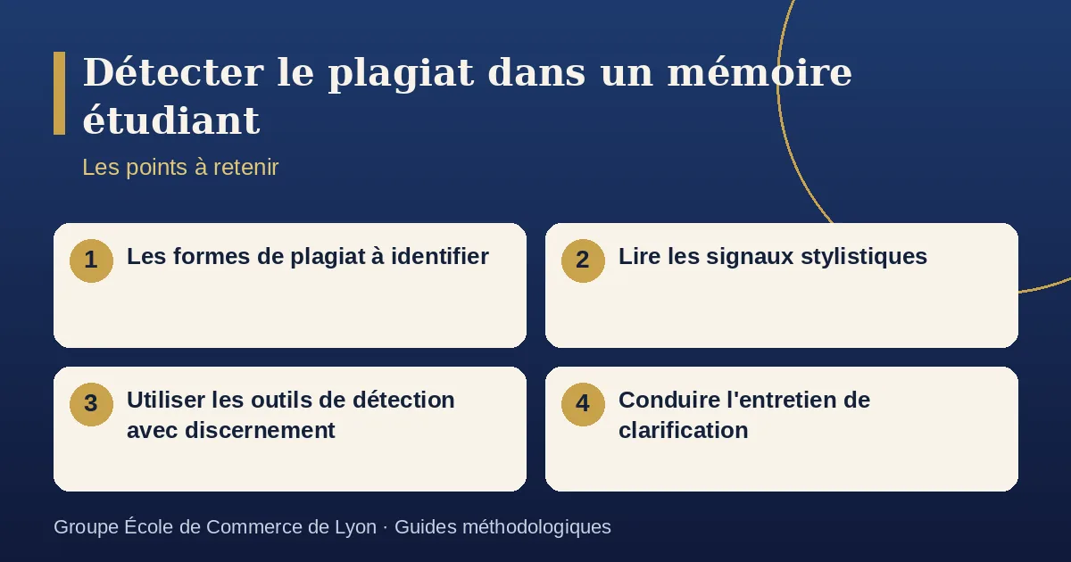 Schéma récapitulatif : Détecter le plagiat dans un mémoire étudiant. Points à retenir : Les formes de plagiat à identifier ; Lire les signaux stylistiques ; Utiliser les outils de détection avec discernement ; Conduire l'entretien de clarification.