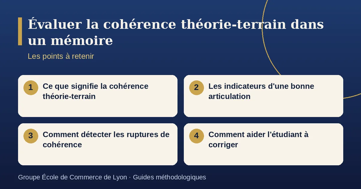 Schéma récapitulatif : Évaluer la cohérence théorie-terrain dans un mémoire. Points à retenir : Ce que signifie la cohérence théorie-terrain ; Les indicateurs d'une bonne articulation ; Comment détecter les ruptures de cohérence ; Comment aider l'étudiant à corriger.