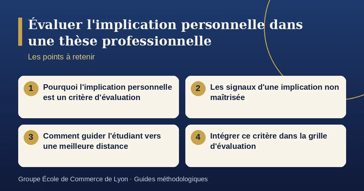 Schéma récapitulatif : Évaluer l'implication personnelle dans une thèse professionnelle. Points à retenir : Pourquoi l'implication personnelle est un critère d'évaluation ; Les signaux d'une implication non maîtrisée ; Comment guider l'étudiant vers une meilleure distance ; Intégrer ce critère dans la grille d'évaluation.
