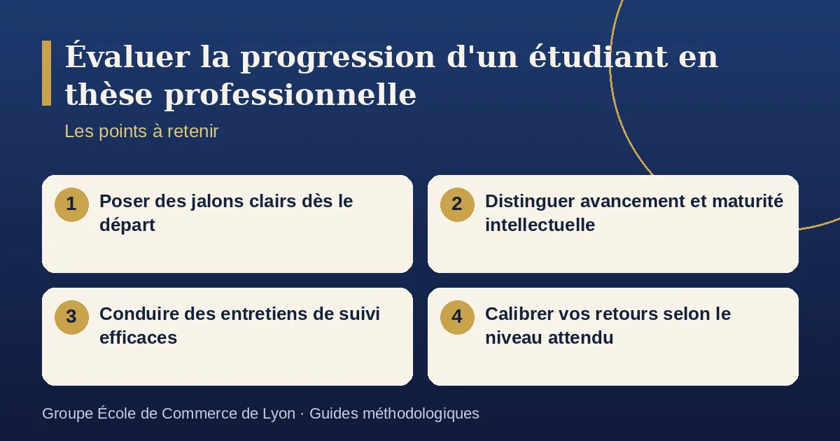 Schéma récapitulatif : Évaluer la progression d'un étudiant en thèse professionnelle. Points à retenir : Poser des jalons clairs dès le départ ; Distinguer avancement et maturité intellectuelle ; Conduire des entretiens de suivi efficaces ; Calibrer vos retours selon le niveau attendu.