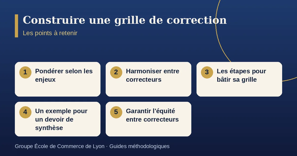 Schéma récapitulatif : Construire une grille de correction. Points à retenir : Pondérer selon les enjeux ; Harmoniser entre correcteurs ; Les étapes pour bâtir sa grille ; Un exemple pour un devoir de synthèse ; Garantir l'équité entre correcteurs.