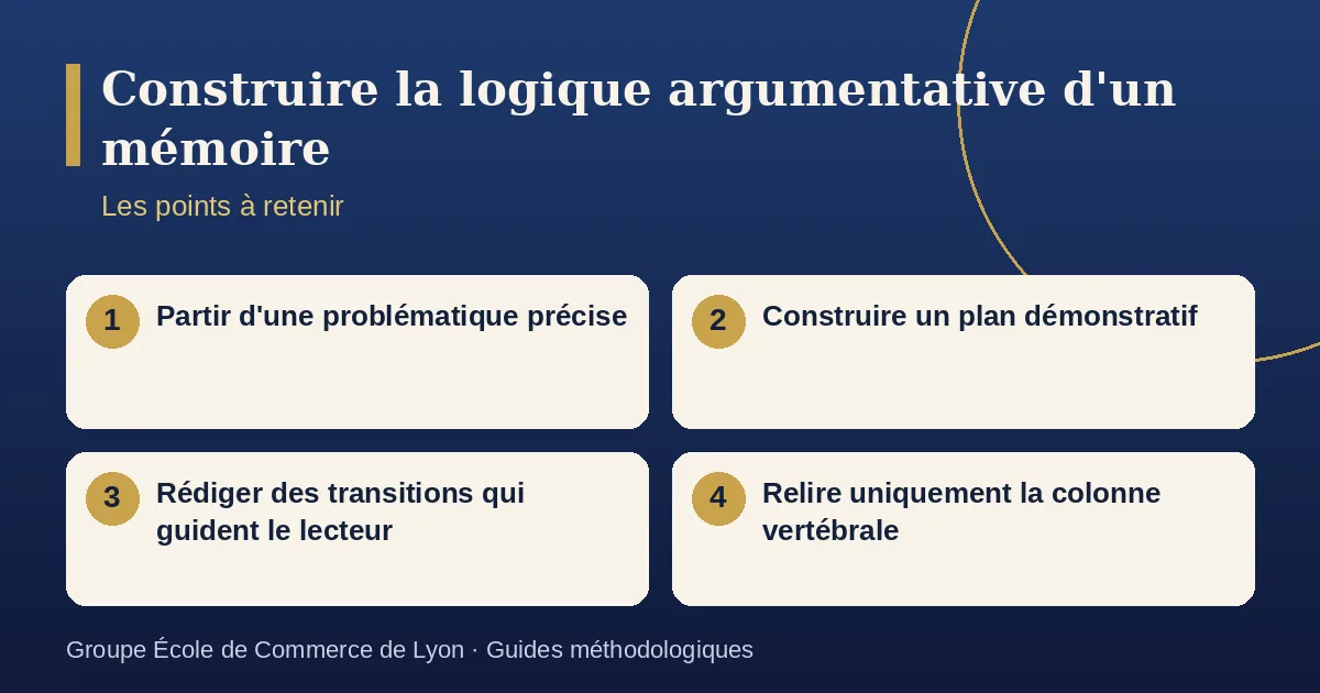 Schéma récapitulatif : Construire la logique argumentative d'un mémoire. Points à retenir : Partir d'une problématique précise ; Construire un plan démonstratif ; Rédiger des transitions qui guident le lecteur ; Relire uniquement la colonne vertébrale.