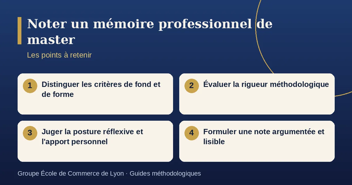 Schéma récapitulatif : Noter un mémoire professionnel. Points à retenir : Distinguer les critères de fond et de forme ; Évaluer la rigueur méthodologique ; Juger la posture réflexive et l'apport personnel ; Formuler une note argumentée et lisible.