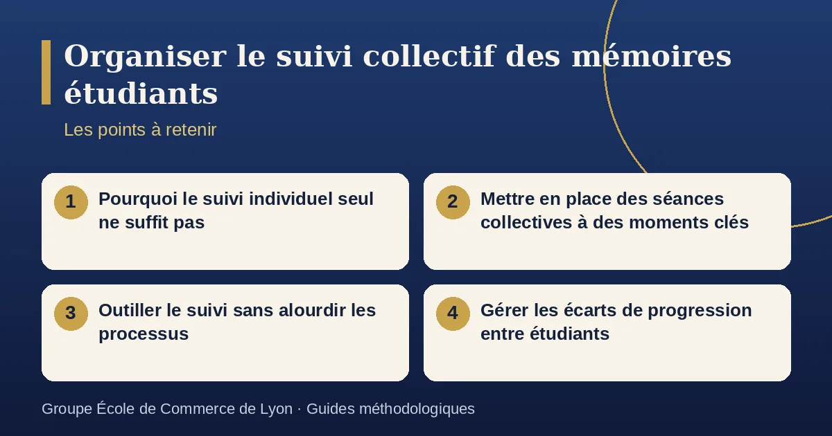 Schéma récapitulatif : Organiser le suivi collectif des mémoires étudiants. Points à retenir : Pourquoi le suivi individuel seul ne suffit pas ; Mettre en place des séances collectives à des moments clés ; Outiller le suivi sans alourdir les processus ; Gérer les écarts de progression entre étudiants.