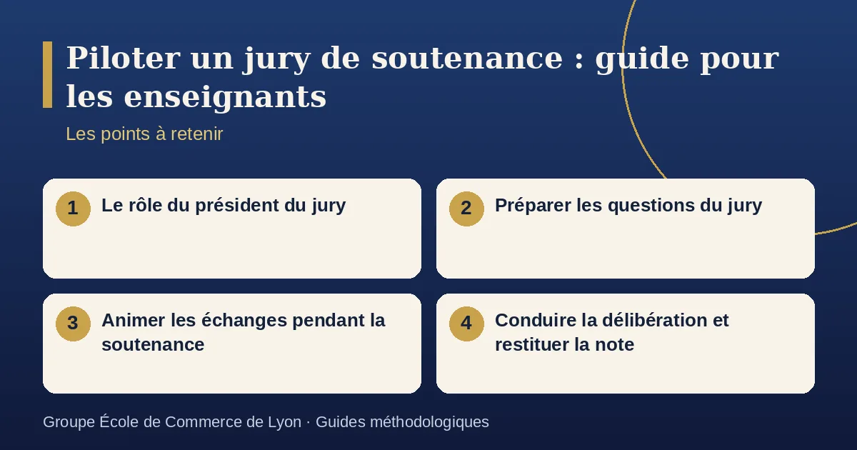 Schéma récapitulatif : Piloter un jury de soutenance : guide pour les enseignants. Points à retenir : Le rôle du président du jury ; Préparer les questions du jury ; Animer les échanges pendant la soutenance ; Conduire la délibération et restituer la note.