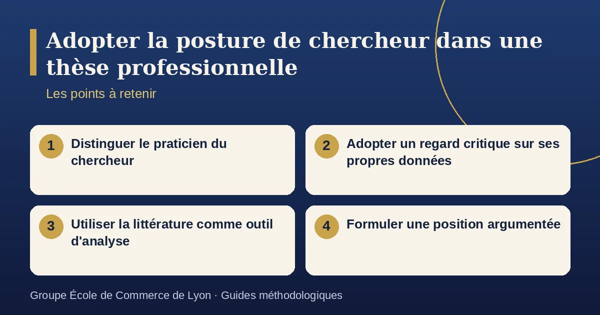 Schéma récapitulatif : Adopter la posture de chercheur dans une thèse professionnelle. Points à retenir : Distinguer le praticien du chercheur ; Adopter un regard critique sur ses propres données ; Utiliser la littérature comme outil d'analyse ; Formuler une position argumentée.
