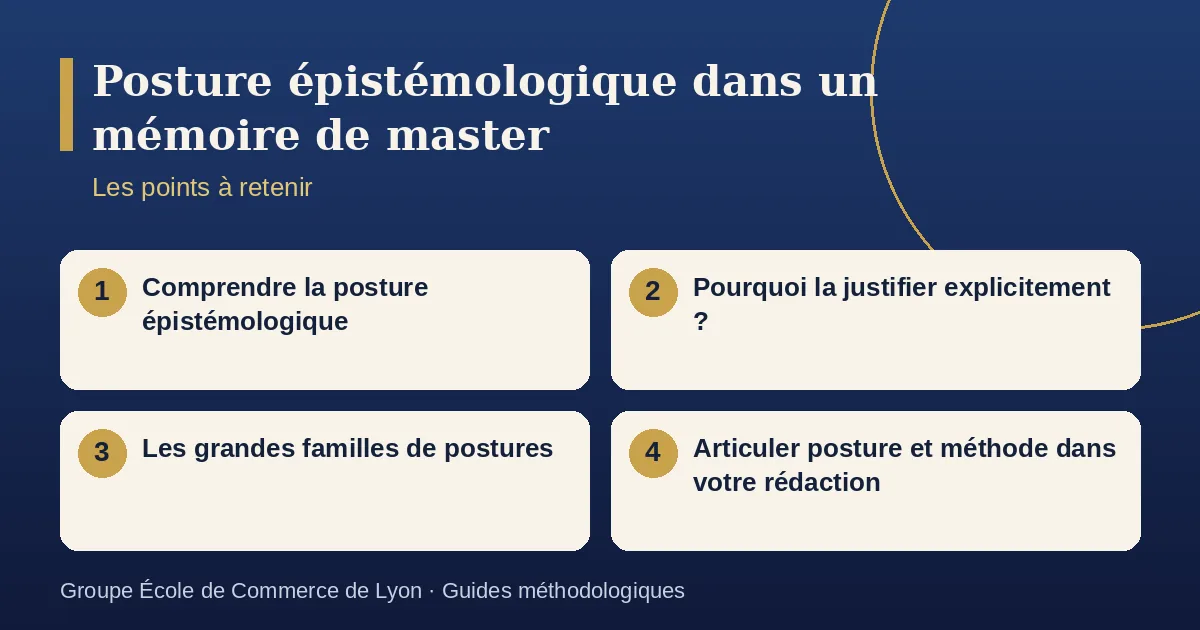 Schéma récapitulatif : Posture épistémologique dans un mémoire de recherche. Points à retenir : Comprendre la posture épistémologique ; Pourquoi la justifier explicitement ? ; Les grandes familles de postures ; Articuler posture et méthode dans votre rédaction.