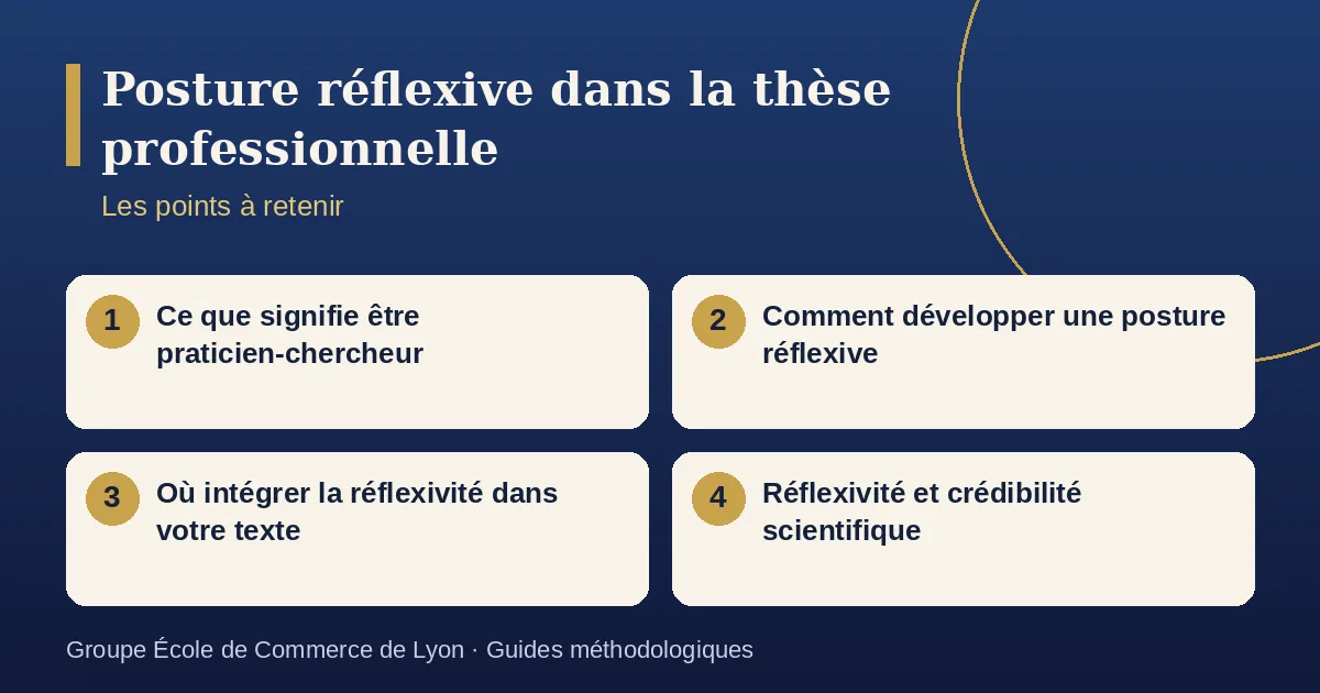 Schéma récapitulatif : Posture réflexive dans la thèse professionnelle. Points à retenir : Ce que signifie être praticien-chercheur ; Comment développer une posture réflexive ; Où intégrer la réflexivité dans votre texte ; Réflexivité et crédibilité scientifique.