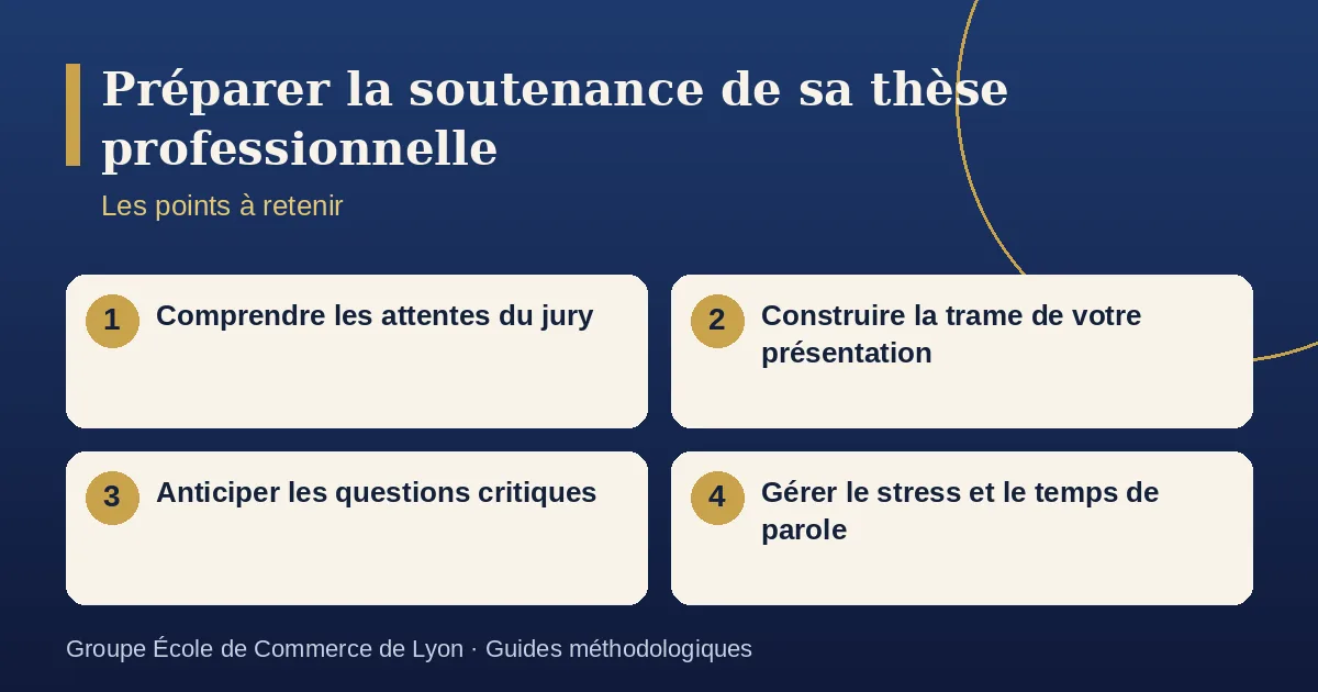 Schéma récapitulatif : Préparer la soutenance de sa thèse professionnelle. Points à retenir : Comprendre les attentes du jury ; Construire la trame de votre présentation ; Anticiper les questions critiques ; Gérer le stress et le temps de parole.