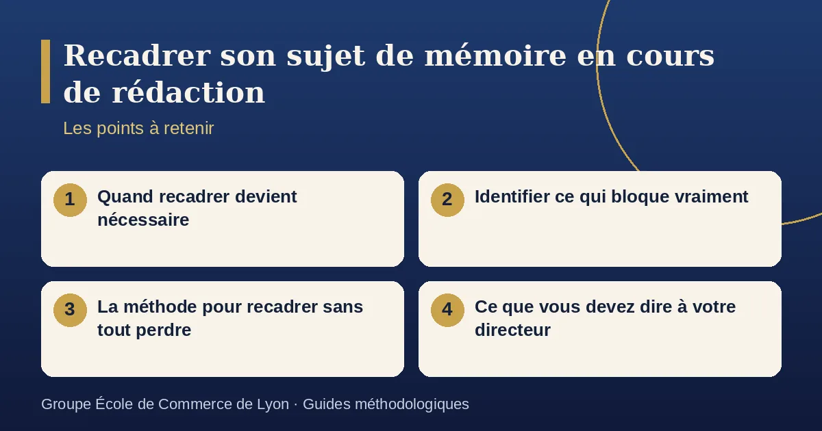 Schéma récapitulatif : Recadrer son sujet de mémoire en cours de rédaction. Points à retenir : Quand recadrer devient nécessaire ; Identifier ce qui bloque vraiment ; La méthode pour recadrer sans tout perdre ; Ce que vous devez dire à votre directeur.