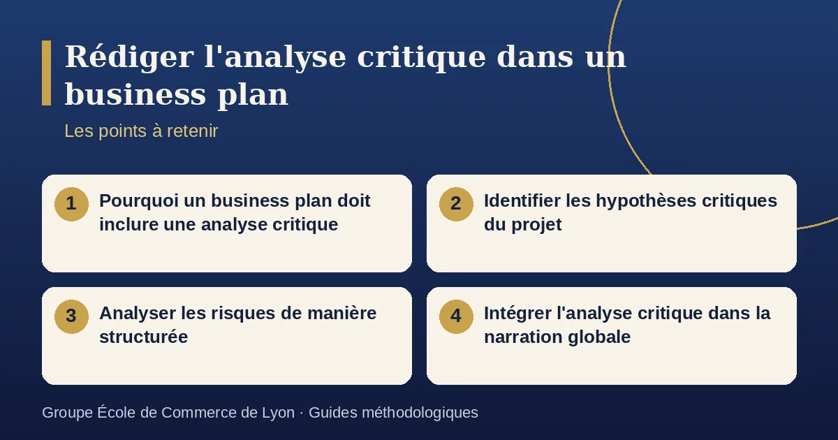 Schéma récapitulatif : Rédiger l'analyse critique dans un business plan. Points à retenir : Pourquoi un business plan doit inclure une analyse critique ; Identifier les hypothèses critiques du projet ; Analyser les risques de manière structurée ; Intégrer l'analyse critique dans la narration globale.