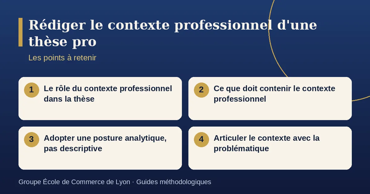 Schéma récapitulatif : Rédiger le contexte professionnel d'une thèse pro. Points à retenir : Le rôle du contexte professionnel dans la thèse ; Ce que doit contenir le contexte professionnel ; Adopter une posture analytique, pas descriptive ; Articuler le contexte avec la problématique.