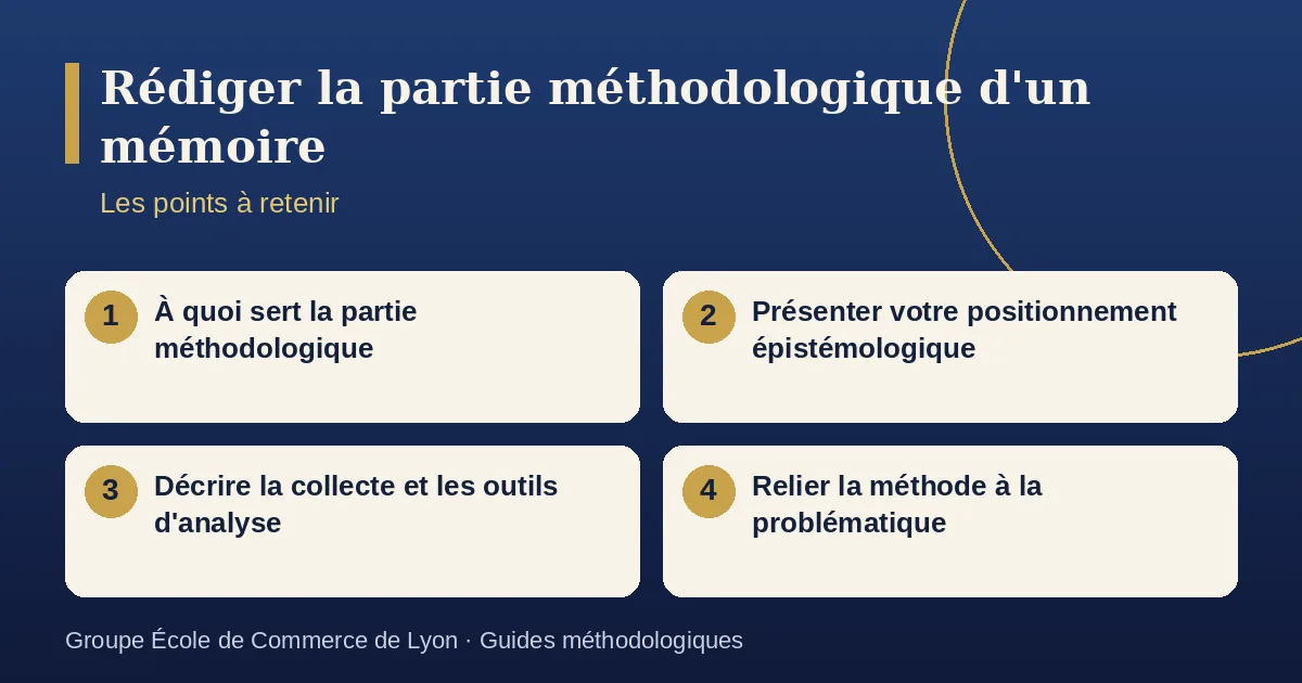 Schéma récapitulatif : Rédiger la partie méthodologique d'un mémoire. Points à retenir : À quoi sert la partie méthodologique ; Présenter votre positionnement épistémologique ; Décrire la collecte et les outils d'analyse ; Relier la méthode à la problématique.