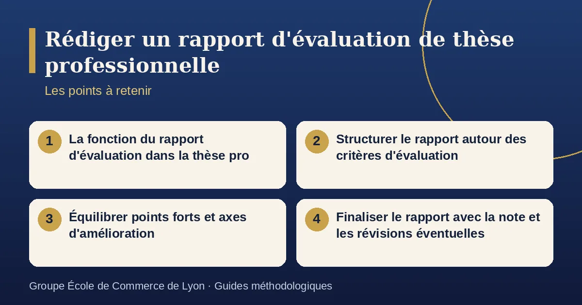 Schéma récapitulatif : Rédiger un rapport d'évaluation de thèse professionnelle. Points à retenir : La fonction du rapport d'évaluation dans la thèse pro ; Structurer le rapport autour des critères d'évaluation ; Équilibrer points forts et axes d'amélioration ; Finaliser le rapport avec la note et les révisions éventuelles.