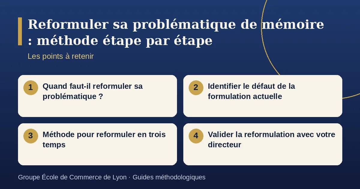 Schéma récapitulatif : Reformuler sa problématique de mémoire : méthode étape par étape. Points à retenir : Quand faut-il reformuler sa problématique ? ; Identifier le défaut de la formulation actuelle ; Méthode pour reformuler en trois temps ; Valider la reformulation avec votre directeur.