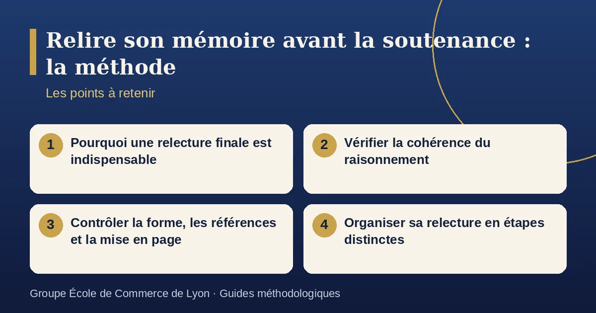 Schéma récapitulatif : Relire son mémoire avant la soutenance : la méthode. Points à retenir : Pourquoi une relecture finale est indispensable ; Vérifier la cohérence du raisonnement ; Contrôler la forme, les références et la mise en page ; Organiser sa relecture en étapes distinctes.