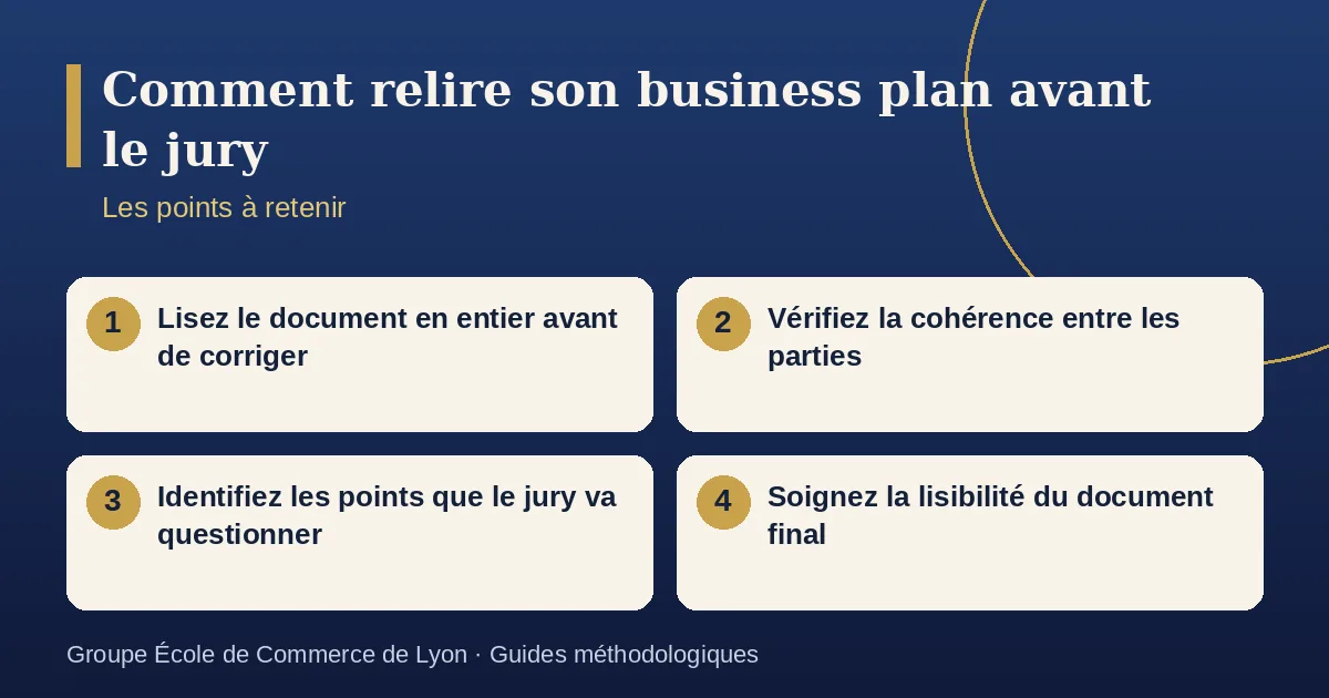 Schéma récapitulatif : Comment relire son business plan avant le jury. Points à retenir : Lisez le document en entier avant de corriger ; Vérifiez la cohérence entre les parties ; Identifiez les points que le jury va questionner ; Soignez la lisibilité du document final.