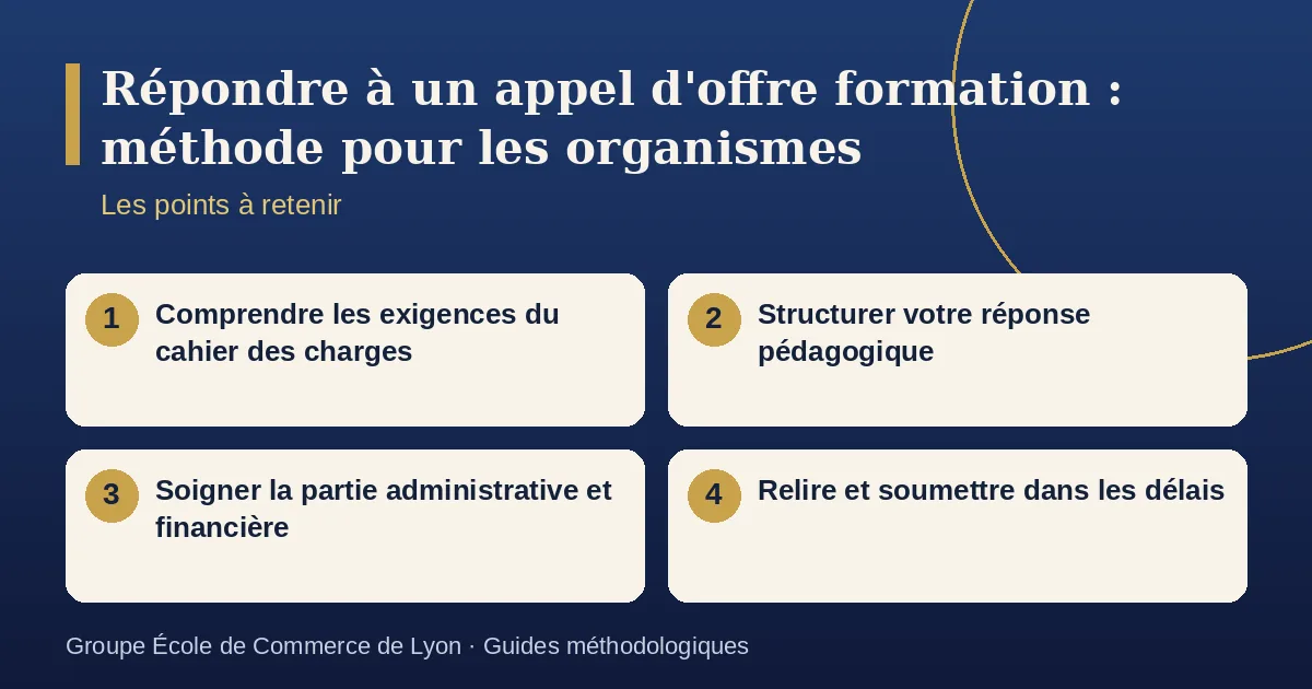 Schéma récapitulatif : Répondre à un appel d'offre formation : méthode pour les organismes. Points à retenir : Comprendre les exigences du cahier des charges ; Structurer votre réponse pédagogique ; Soigner la partie administrative et financière ; Relire et soumettre dans les délais.
