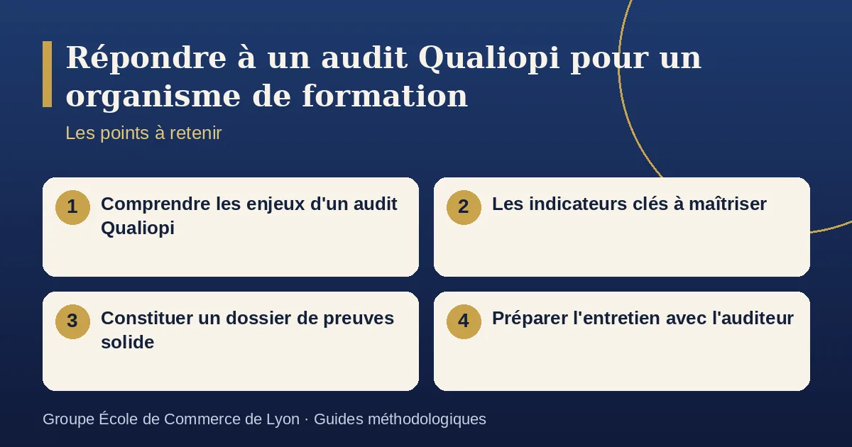 Schéma récapitulatif : Répondre à un audit Qualiopi pour un organisme de formation. Points à retenir : Comprendre les enjeux d'un audit Qualiopi ; Les indicateurs clés à maîtriser ; Constituer un dossier de preuves solide ; Préparer l'entretien avec l'auditeur.