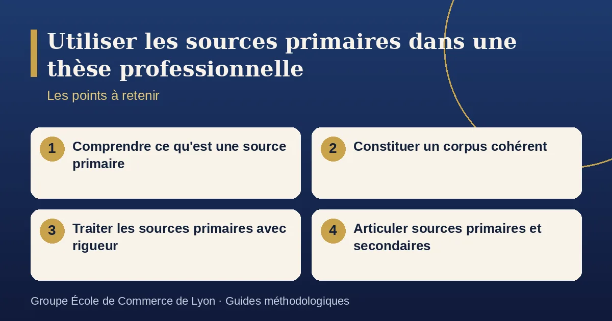 Schéma récapitulatif : Utiliser les sources primaires dans une thèse professionnelle. Points à retenir : Comprendre ce qu'est une source primaire ; Constituer un corpus cohérent ; Traiter les sources primaires avec rigueur ; Articuler sources primaires et secondaires.