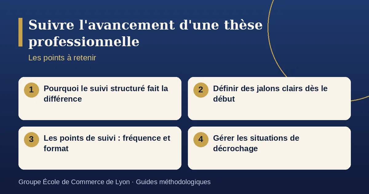 Schéma récapitulatif : Suivre l'avancement d'une thèse professionnelle. Points à retenir : Pourquoi le suivi structuré fait la différence ; Définir des jalons clairs dès le début ; Les points de suivi : fréquence et format ; Gérer les situations de décrochage.
