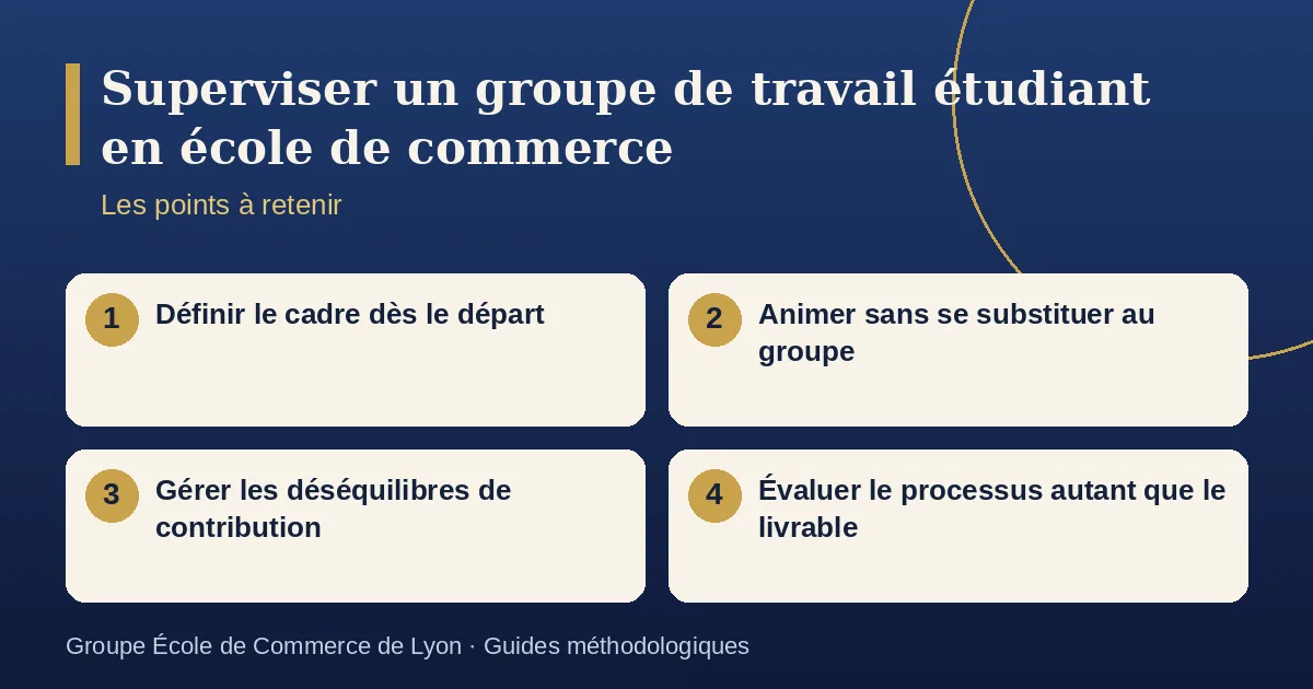 Schéma récapitulatif : Superviser un groupe de travail étudiant en école de commerce. Points à retenir : Définir le cadre dès le départ ; Animer sans se substituer au groupe ; Gérer les déséquilibres de contribution ; Évaluer le processus autant que le livrable.